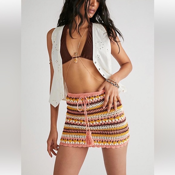 Flook x Free People Lana Lg Pink Striped Crochet Handmade Knit Boho Mini Skirt - Picture 1 of 3